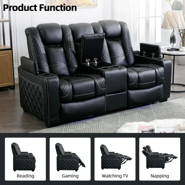 Home Theater Seating, Center Storage Console, Arm Storage, Cup Holders, Faux Leather Power Electric Recliner Loveseat Chair - Image 3