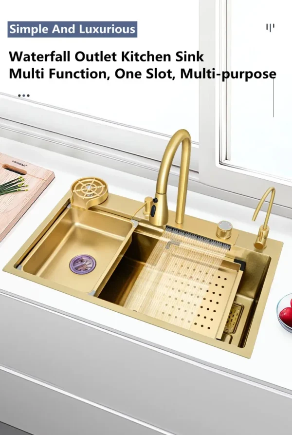 Gold 304 Stainless Steel kitchen Waterfall Sink,Washing Basin,Large Single Slot Sink Crockery Drainer Gourmet Faucet kitchen