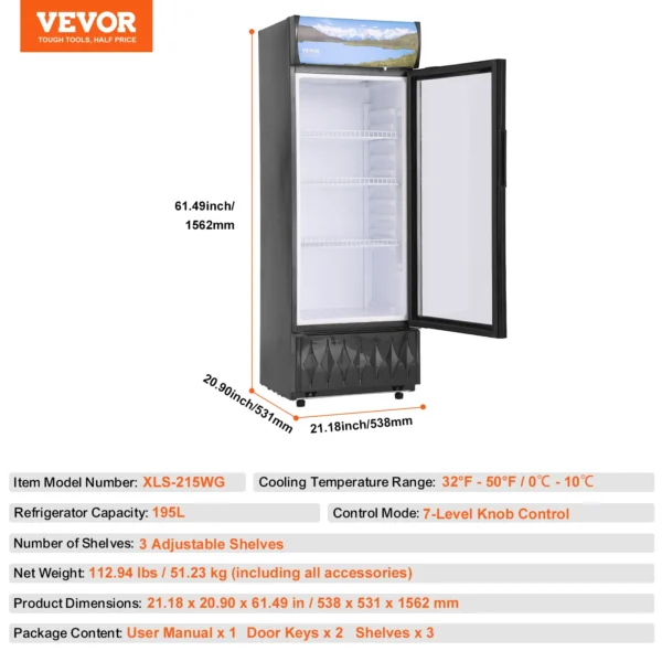 VEVOR Commercial Refrigerator,195L 275L 345L 420L Beverage Refrigerator Cooler, Glass Door Display Refrigerator Upright Fridge - Image 7