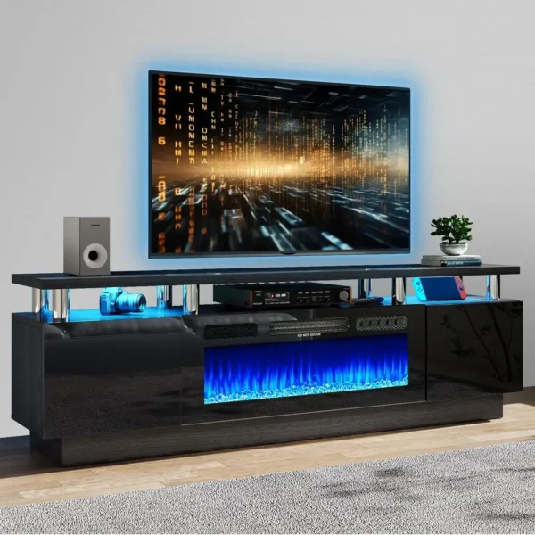 Electric Fireplace with LED Light, Entertainment Center, 2 Tier Console Stand for TVs Up to 80 ", Black, Modern TV Stand, 70" - Image 9