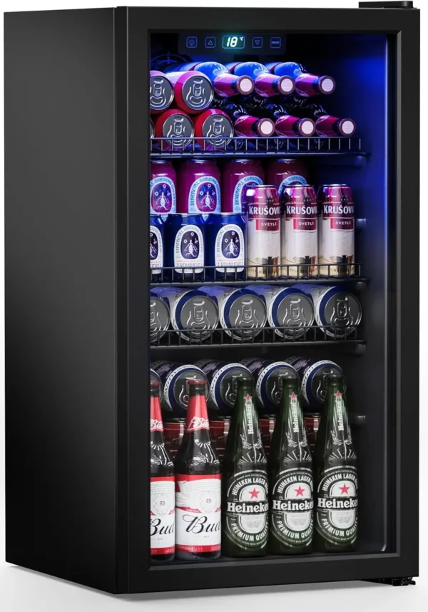 Refrigerator Cooler-120 Cans Freestanding Mini Fridge Cooler with Glass Door, Adjustable Shelves & Digital Temperature