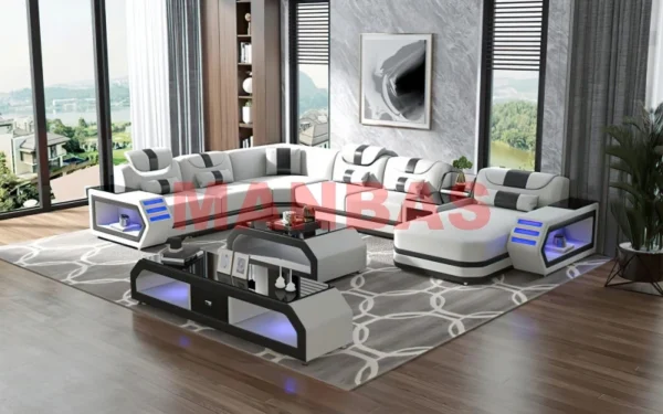 MANBAS Italian Genuine Leather Sectional Sofa with LED Lights | Futuristic Furniture U Shape Couch Living Room Big Sofas Set - Image 6