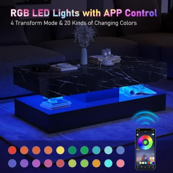 LED Coffee Table with 2 Storage Drawers,Modern High Gloss Black Coffee Table w/20 Color LED Light,2 Tiers Rectangle Center Table - Image 6