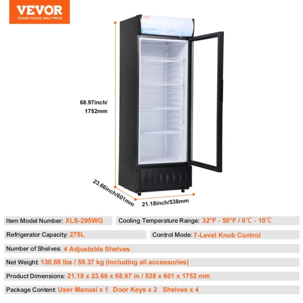 VEVOR Commercial Refrigerator,195L 275L 345L 420L Beverage Refrigerator Cooler, Glass Door Display Refrigerator Upright Fridge - Image 8