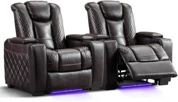 Home Theater Seating, Center Storage Console, Arm Storage, Cup Holders, Faux Leather Power Electric Recliner Loveseat Chair - Image 7