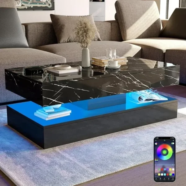 LED Coffee Table with 2 Storage Drawers,Modern High Gloss Black Coffee Table w/20 Color LED Light,2 Tiers Rectangle Center Table