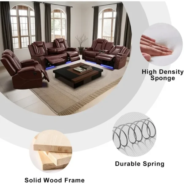 Living Room Set Breathing Leather Sofa Power Recliner Sofa, Cup Holders Storage Console LED Light Wireless Charger, recliner - Image 4