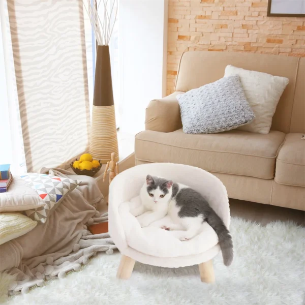 Luxury Cat Bed Soft Warm Plush Fabric Pet Nesting Chair Bed Stool Wood Legs with Cushion Pad Washable Waterproof for Small Pets - Image 3