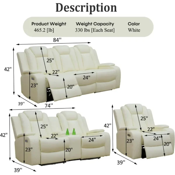 recliner, Recliner Sofa Set, Leather Reclining Sofa with USB Port/Wireless Charger/Storage Console/Cup Holder, Sofa Living Room - Image 2