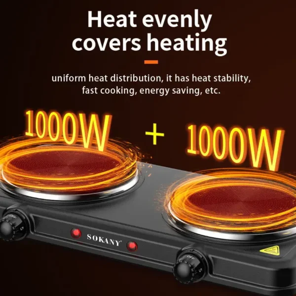 Countertop Double Cast Iron Burner, 2000 Watts Electric Hot Plate, Temperature Controls, Power Indicator Lights, Easy to Clean - Image 3