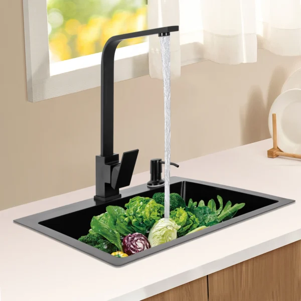 Large Capacity Kitchen Sink Black King Kong Sink + Sewer Set + Black Soap Dispenser + Faucet Washing Basin