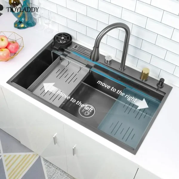 Waterfall Kitchen Sink Nanometer 304 Stainless Steel Large Single Slot Kitchen Accessories Waterfall Faucet Vegetable Basin - Image 3