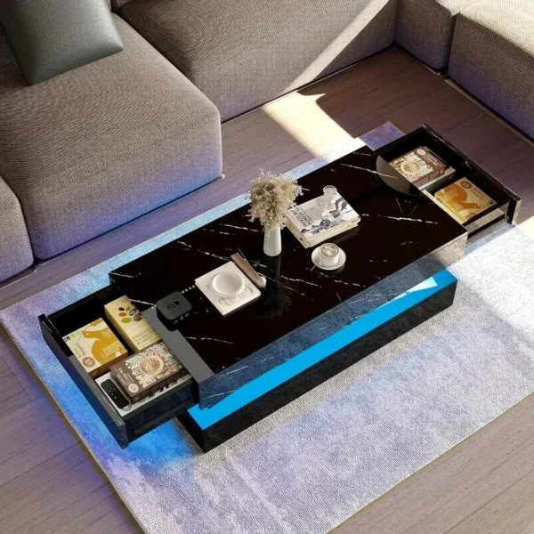 LED Coffee Table with 2 Storage Drawers,Modern High Gloss Black Coffee Table w/20 Color LED Light,2 Tiers Rectangle Center Table - Image 2