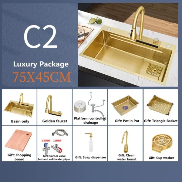 Gold 304 Stainless Steel kitchen Waterfall Sink,Washing Basin,Large Single Slot Sink Crockery Drainer Gourmet Faucet kitchen - Image 8