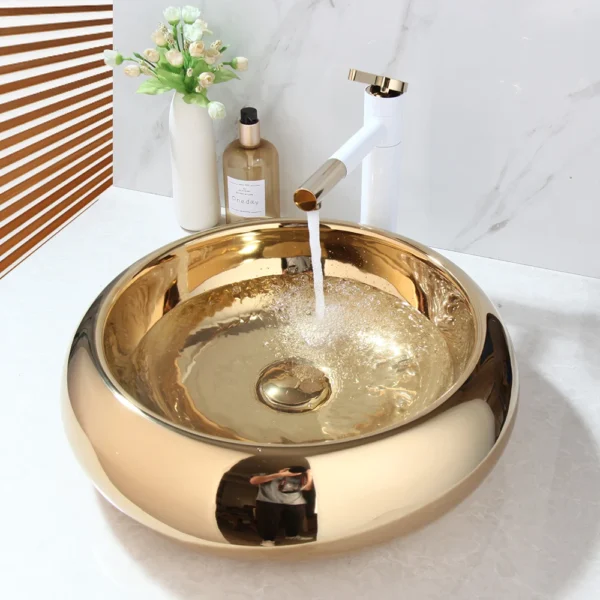 JIENI Bathroom Bath Luxury Ceramic Round Golden Plated Combine Mixer Set Lavatory Washbasin Sink Brass Faucet Set w/ Pop Drain - Image 4