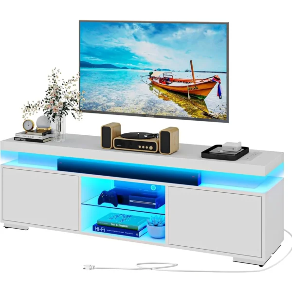 DWVO White TV Stand with LED Lights & Power Outlet Modern Entertainment Center for 55/60/65 Inch Media Console Table TV Cabinet