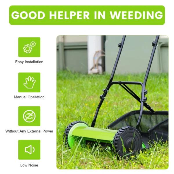 12" Hand Push Mower Lawn Sweeper Manual Reel Grass Catcher Manchine w/5 Blades 23L Collection Bag - Image 4