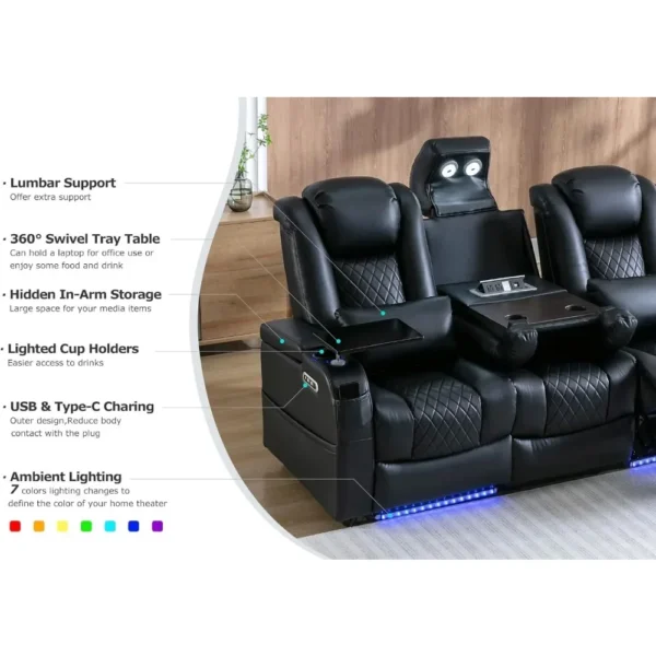 Reclining Sofas, Touch Reading Lights, Lumbar Pillow, Tray Table, Center Drop Down Console, Movie Theater Recliner Sofas - Image 3