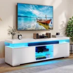 DWVO White TV Stand with LED Lights & Power Outlet Modern Entertainment Center for 55/60/65 Inch Media Console Table TV Cabinet