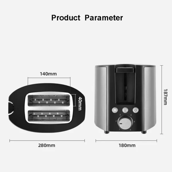 Stainless Steel Electric Electric Toaster 2 Slices Wide Slot 6 Gears Baking Flavor 750W Cancelable Auto Off Bread Maker - Image 6