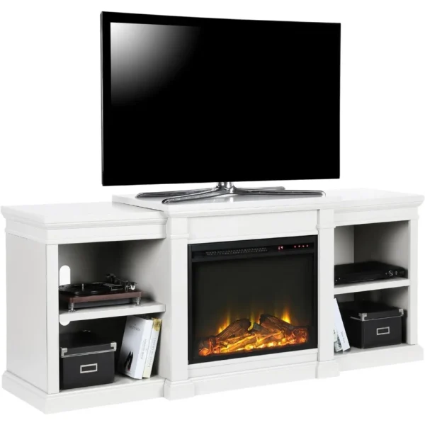 Electric Fireplace TV Stand for TVs up to 70", With 4 open Shelves (2 Adjustable) Adjust the Heat Settings and Set a Timer