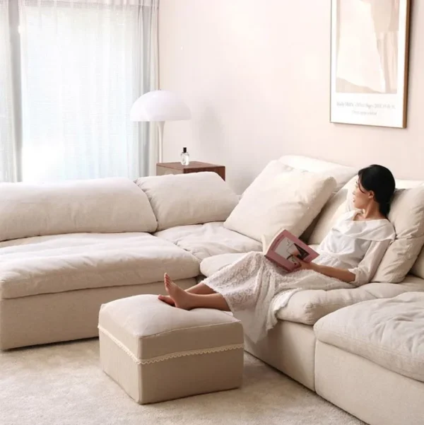 Modern Home Living Room Sofa Set Furniture White Linen Feather Cream Beige Fabric l Shaped Corner Modular Couches Sectional Sofa - Image 3