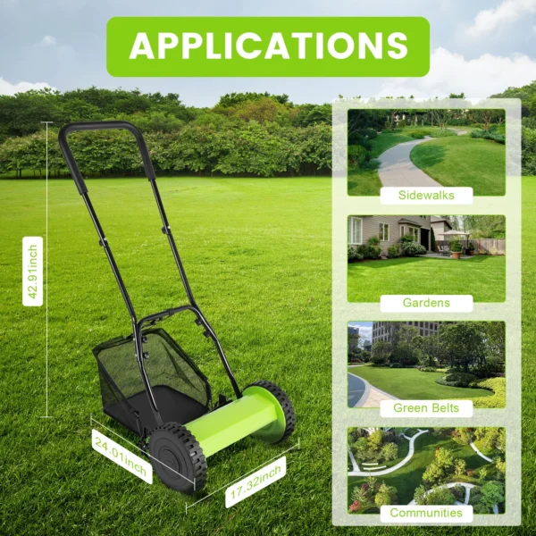 12" Hand Push Mower Lawn Sweeper Manual Reel Grass Catcher Manchine w/5 Blades 23L Collection Bag - Image 5