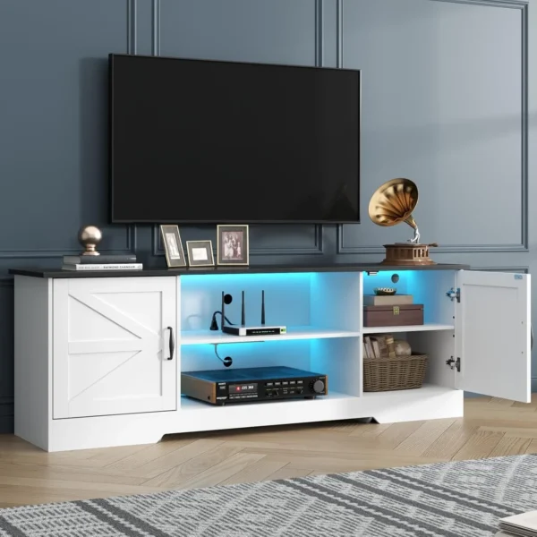 TV Stand for 65 Inch TV with Power Outlet & LED Light, Entertainment Center with Storage Cabinets and Adjustable Shelves