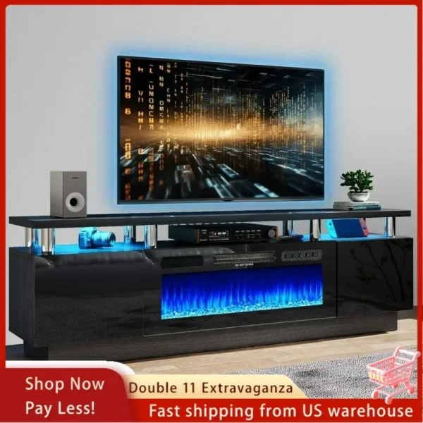 Electric Fireplace with LED Light, Entertainment Center, 2 Tier Console Stand for TVs Up to 80 ", Black, Modern TV Stand, 70"