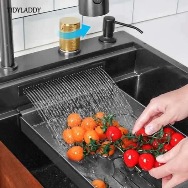 Waterfall Kitchen Sink Nanometer 304 Stainless Steel Large Single Slot Kitchen Accessories Waterfall Faucet Vegetable Basin - Image 5