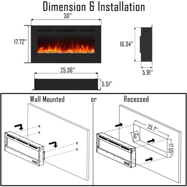 30 inch Wall Mounted &Recessed in Wall Electric Fireplace with Heater, Linear Wall Fireplace w/Thermostat, Adjustable Flame - Image 6