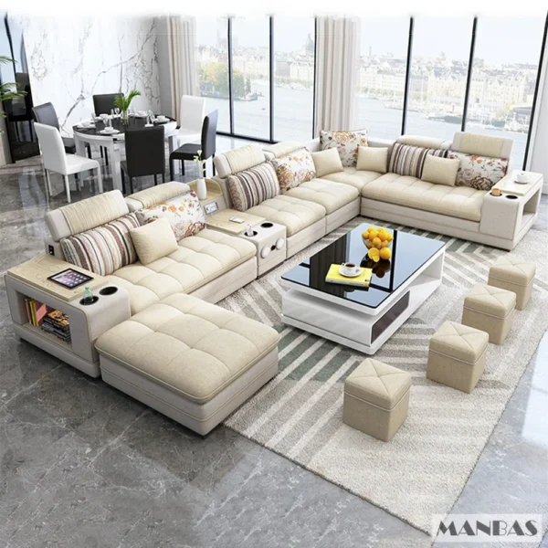 MINGDIBAO Nordic Fabric Sofa Set with Bluetooth Speaker & USB - Modern Living Room Modular Sofas Big U Shape Corner Cloth Couch - Image 9