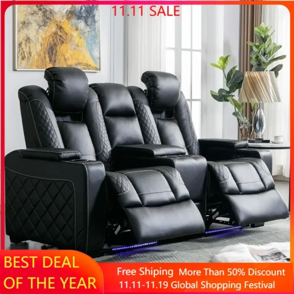 Home Theater Seating, Center Storage Console, Arm Storage, Cup Holders, Faux Leather Power Electric Recliner Loveseat Chair