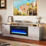 Electric Fireplace with LED Light, Entertainment Center, 2 Tier Console Stand for TVs Up to 80 ", Black, Modern TV Stand, 70"