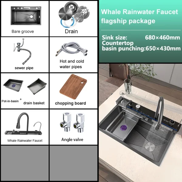 Stainless Steel Kitchen Sink with Trash Can Embossed Wash Basin with Waterfall Faucet Digital Display Large Single Solt - Image 9