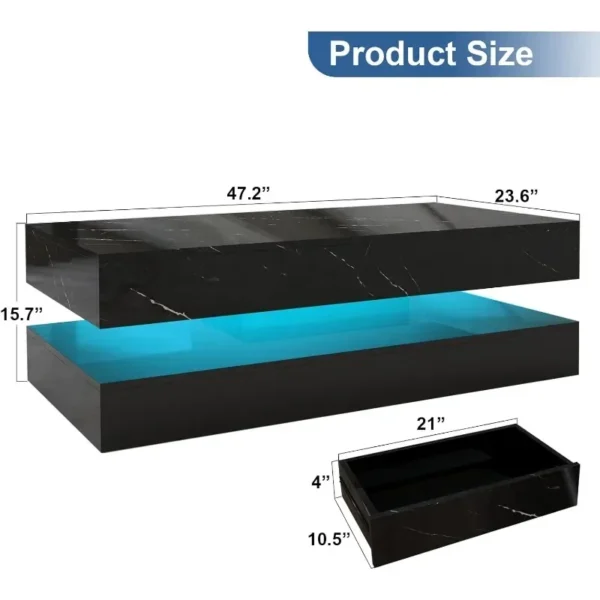 LED Coffee Table with 2 Storage Drawers,Modern High Gloss Black Coffee Table w/20 Color LED Light,2 Tiers Rectangle Center Table - Image 3