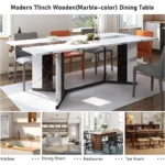 Dining Table Sets,71In Rectangular White Dining Table  W/35 Marble-Color Wood Watrproof Tabletop,Living Room Dinings Table Set