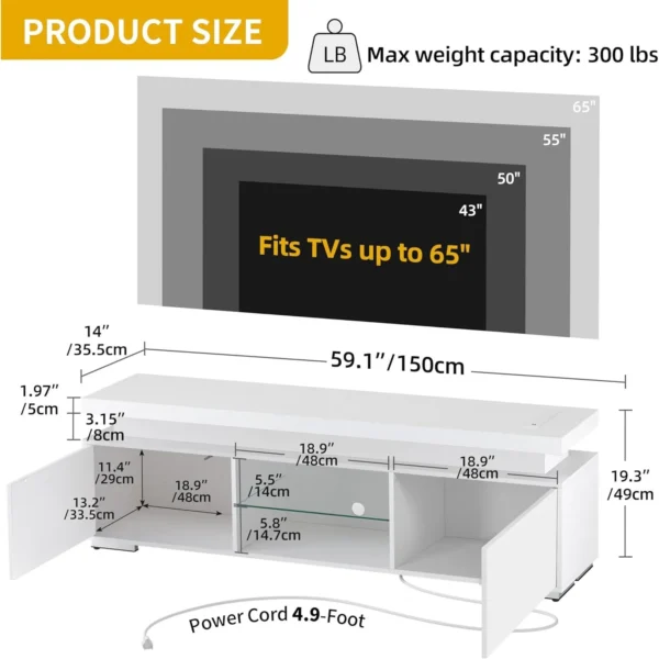 DWVO White TV Stand with LED Lights & Power Outlet Modern Entertainment Center for 55/60/65 Inch Media Console Table TV Cabinet - Image 3