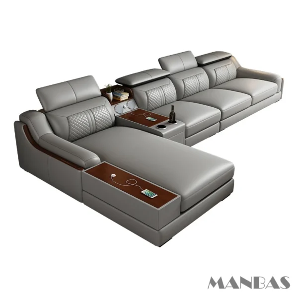 Stylish Italian Genuine Leather Sofa for Living Room with Cup Holder, USB, Adjustable Headrests & Bluetooth Speaker - MINGDIBAO - Image 8