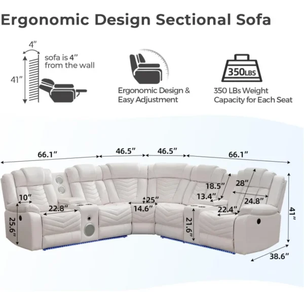 Power Recliner Sectional Sofa Couches with Bass Speakers for Living Room,Leather Reclining Corner Sectionals Sofa Couch Sets wit - Image 2