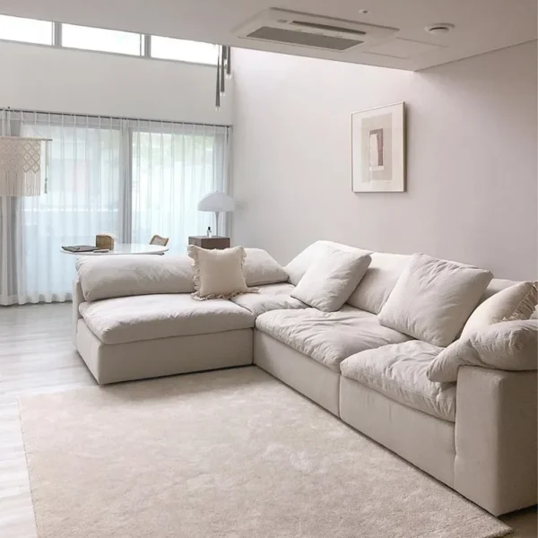 Modern Home Living Room Sofa Set Furniture White Linen Feather Cream Beige Fabric l Shaped Corner Modular Couches Sectional Sofa - Image 2