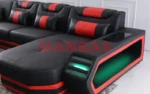 MANBAS Italian Genuine Leather Sectional Sofa with LED Lights | Futuristic Furniture U Shape Couch Living Room Big Sofas Set