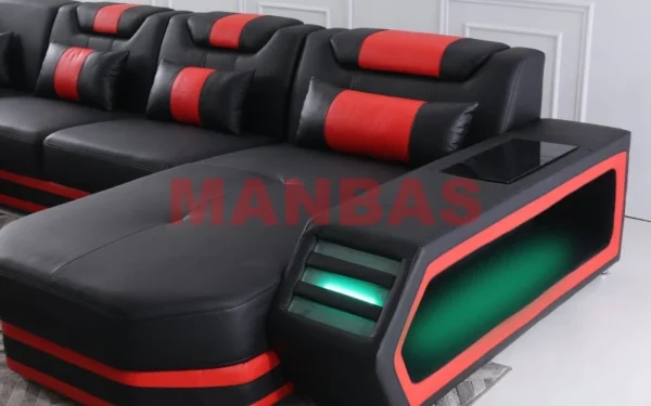 MANBAS Italian Genuine Leather Sectional Sofa with LED Lights | Futuristic Furniture U Shape Couch Living Room Big Sofas Set - Image 3