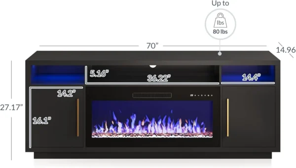 Fireplace TV Stand for TVs Up to 75", LED Light Entertainment Center with 36" Electric Fireplace Heater