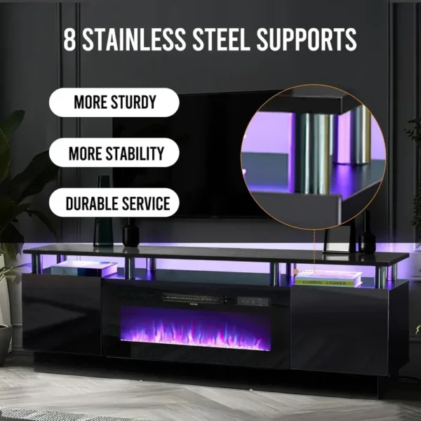 Electric Fireplace with LED Light, Entertainment Center, 2 Tier Console Stand for TVs Up to 80 ", Black, Modern TV Stand, 70" - Image 3