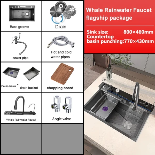 Stainless Steel Kitchen Sink With Waterfall Multifunctional Large Single Slot Embossed Vegetable Dishwashing Wash Basin - Image 10