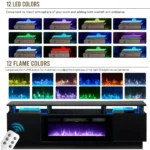 Electric Fireplace with LED Light, Entertainment Center, 2 Tier Console Stand for TVs Up to 80 ", Black, Modern TV Stand, 70"