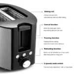 Stainless Steel Electric Electric Toaster 2 Slices Wide Slot 6 Gears Baking Flavor 750W Cancelable Auto Off Bread Maker
