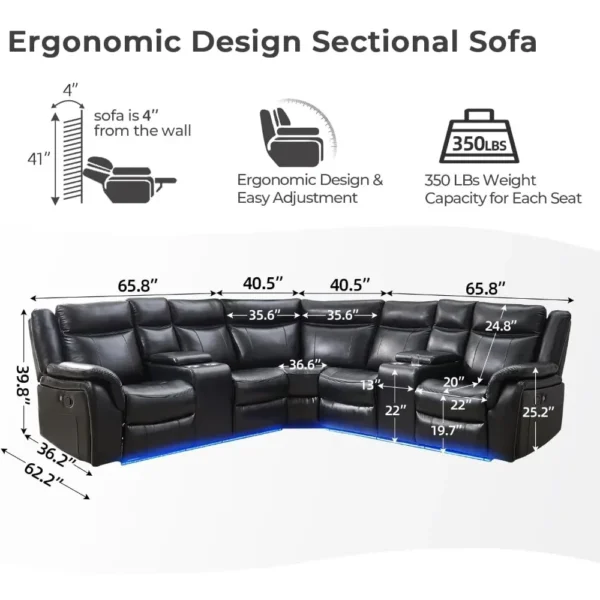 recliner，Manual Recliner Sofa Sectional Couches with LED Light for Living Room, Leather Reclining Corner Sectionals Sofa - Image 5