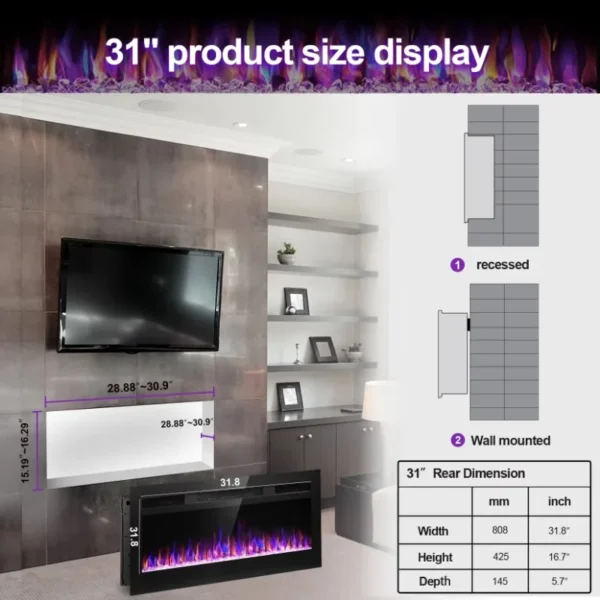 New 3D Electric Fireplaces Home Heater Indoor Stoves Recessed Wall Mounted Decor Flame Electric Fireplaces Adjustable 12 Flame - Image 6